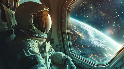 Two astronauts are looking out of a window in a spaceship. Generative Ai