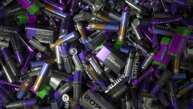 A pile of assorted batteries, suggesting themes of energy, recycling, and electronics.