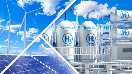 Hydrogen power station. Solar panels. Wind generators. High pressure tanks with hydrogen. H2 logos...
