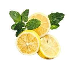 Three lemons slices and mint leaves on a sleek transparent background