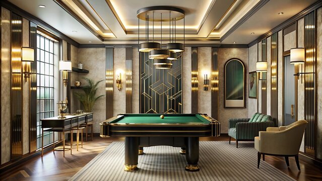 Art Deco style games room with billiard table and lavish design