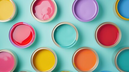Top view of open cans of bright colorful paint. Flat lay background. - obrazy, fototapety, plakaty