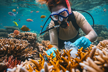 Underwater Researcher Collecting Plastic Waste Amidst Coral - obrazy, fototapety, plakaty