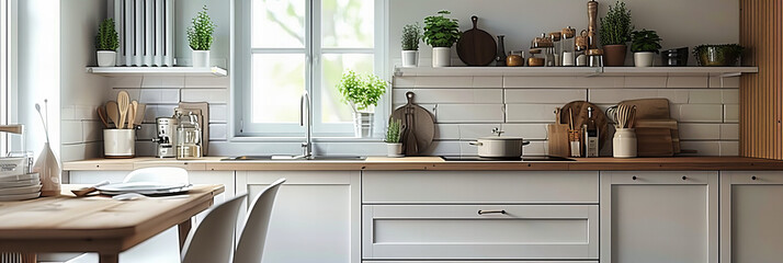Modern Scandinavian Kitchen with White and Wooden Accents, Featuring Bright Windows and Simple, Stylish Decor