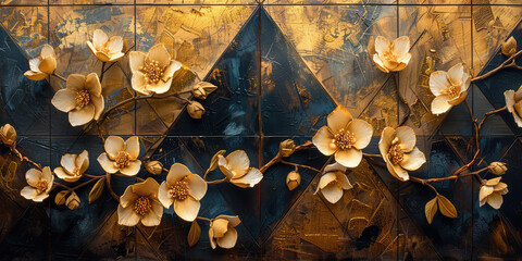 A wall mural with gold flowers and blue background, triangular composition, oriental floral pattern, exquisite details of the plum blossom flowers. Created with Ai