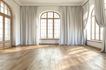 A large, empty room with white curtains and wooden floors. The room is very spacious and has a clean, minimalist look