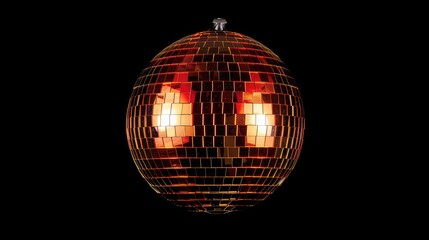 A disco ball with a light on it. The ball is orange and has a black background. The light on the ball is bright and creates a fun and energetic atmosphere