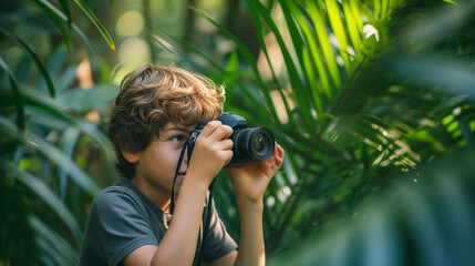 A boy taking pictures outdoors with a digital camera. A boy photographing trees while exploring evergreen rain forest