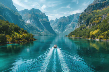 A panoramic view of the Norwegian fjords, with mountains and blue waters. A boat is seen sailing in one part of it. Created with Ai