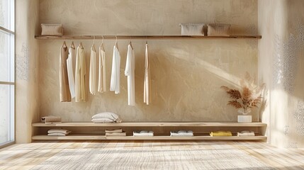 Collection of clothes hanging on a rack in neutral beige colors. 3d rendering