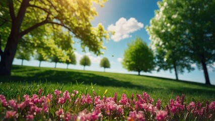 Colorful flower and grass landscape background, Beautifully blurred background image of spring...