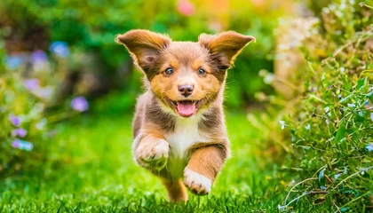 Fotobehang A very little puppy is running happily with floppy ears through a garden with green grass © Bilal
