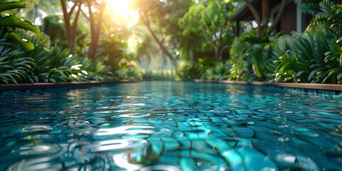 A decorative shallow pool in a tropical resort embodies a tranquil paradise. - obrazy, fototapety, plakaty