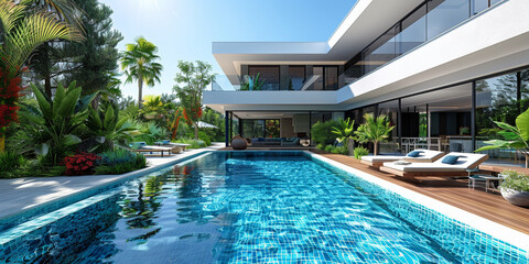 A luxurious modern villa with a beautiful pool, contemporary architecture, and tropical surroundings.