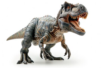 A colossal T-Rex toy on a white background, epitomizing ancient Jurassic might.