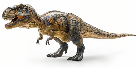 A fearsome Tyrannosaurus model in a studio, isolated on a white background.