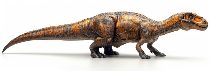 A grand, prehistoric dinosaur model exudes power and dominance, set against a stark background.