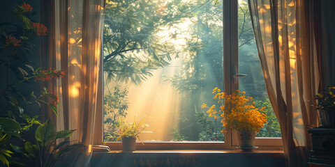 As tranquil morning sunlight filters through the window, nature's beauty is painted in the serene hues of autumn.
