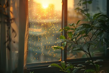On a window sill, lush green plants adorned with rain droplets capture the essence of fresh growth.