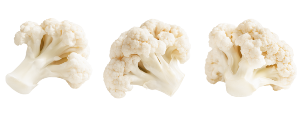 three cauliflower florets isolated on white background