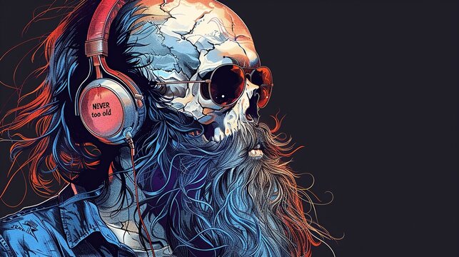 Featuring an illustration of skull wearing headphones and long beard, professional t-shirt design graphic retro style.