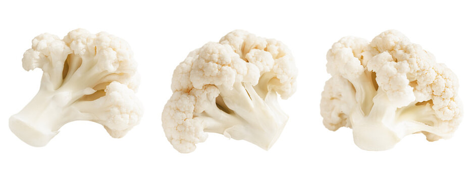 three cauliflower florets isolated on white background