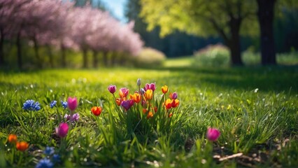 Colorful flower and grass landscape background, Beautifully blurred background image of spring...