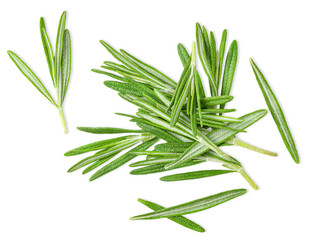 heap fresh rosemary leaves top view on white isolated background