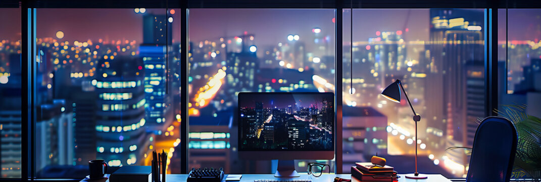 Nighttime Workspace: An Office Overlooking the Cityscape, Offering a Unique Perspective on Work with the Glow of Urban Life as a Backdrop