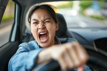 Asian mad woman furious driving car at street, Upset driver caught in unpleasant situation, losing her temper, traffic jam situation - obrazy, fototapety, plakaty