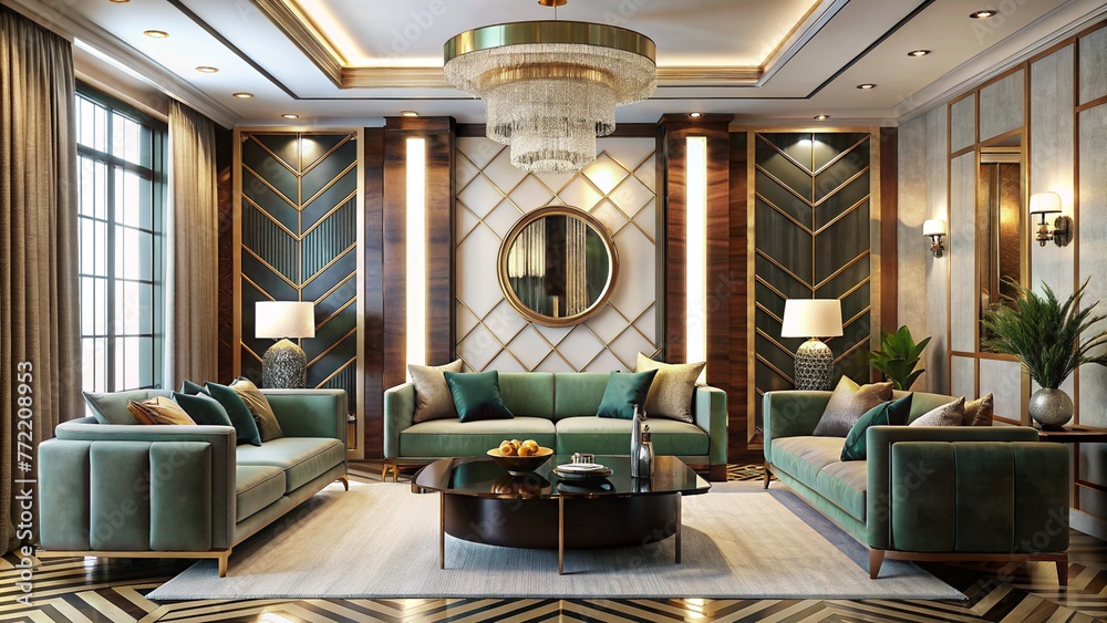 Wall mural Art Deco style lounge room with green sofa and luxurious design