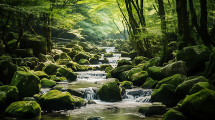 Serene Forest Creek with Moss-Covered Rocks and Sunlight