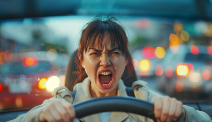 Asian mad woman furious driving car at street, Upset driver caught in unpleasant situation, losing her temper, traffic jam situation - obrazy, fototapety, plakaty
