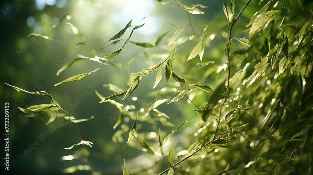 Poster Lush Green Leaves Shimmering in Soft Sunlight