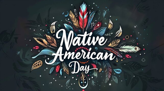 Native American Day - calligraphy lettering on background with feathers. USA holiday background