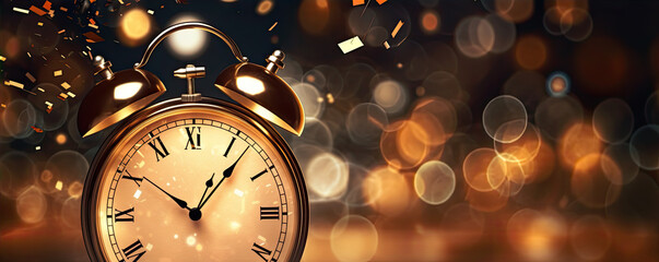 clock and fireworks on glittering or sprakling background.