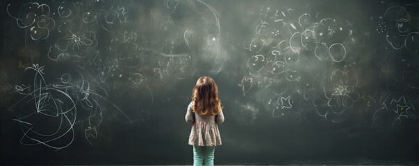 Little girl use white chalk to draw on dark chalkboard.