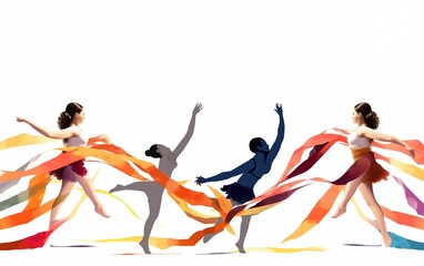 Obraz premium Wide angle view of rhythmic gymnasts performing jumps with ribbon. high energy. illustration. White background 