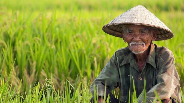 An elderly Asian farmer wearing a caping is sitting at the edge of a rice field.