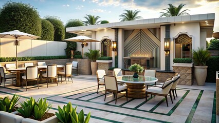 Art Deco style outdoor entertaining area with table and chairs - obrazy, fototapety, plakaty