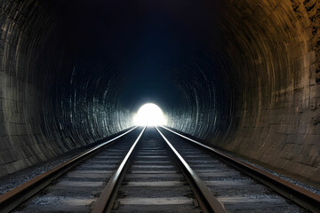 Fototapeta na wymiar A railroad tunnel with a light at the end. Can represent achieving your goals, getting through problems and obstacles or simply represent exactly what you can see - an old tunnel.