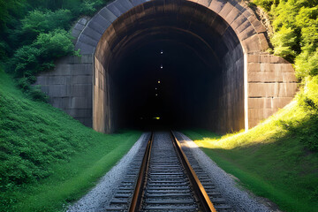 Fototapeta na wymiar A railroad tunnel with a light at the end. Can represent achieving your goals, getting through problems and obstacles or simply represent exactly what you can see - an old tunnel. Tunnel in the forest