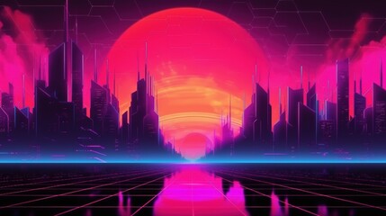 Synthwave-style landscape with urban high-rises, and sun - obrazy, fototapety, plakaty