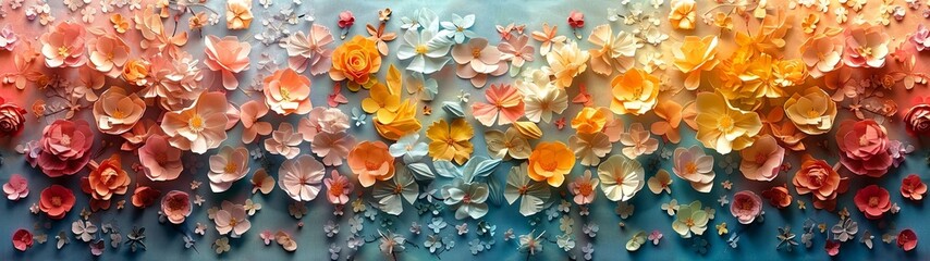 A colorful sea of gorgeous flowers of blues, pinks and orange hues.  - obrazy, fototapety, plakaty
