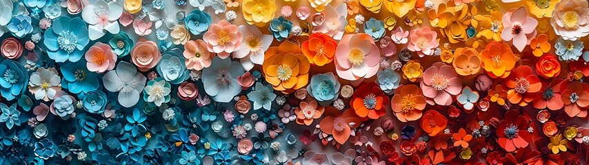A colorful floral carpet of gorgeous flowers of blues, peachroses and red hues. 