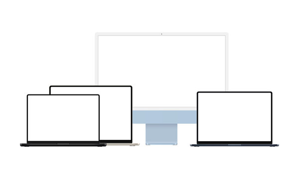 Set of Modern Devices Mockups With Blank Screens. Blue Monitor And Laptops. Vector Illustration