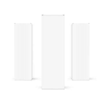 Three Tall Rectangular Packaging Boxes, Front View, Isolated On White Background. Vector Illustration
