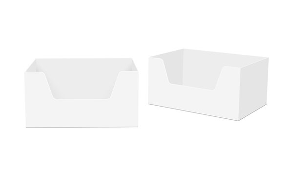 Two Empty Display Boxes, Front And Side View, Isolated On White Background. Vector Illustration