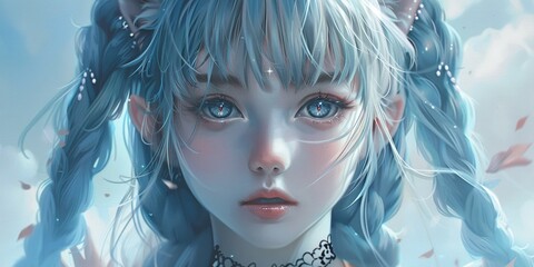 Enchanting anime girl with pastel braids and mystical cat ears - obrazy, fototapety, plakaty