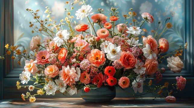 A large bunch of beautiful blooming spring flowers arranged in a ceramic vase on a wooden table in front of a rustic framed picture.